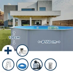 Waterman Stahlwandpool Set (7-teilig) Hoch Rund 550 X 120 Cm, Stahl 0,4 Mm Weiß Folie 0,3 Mm Blau