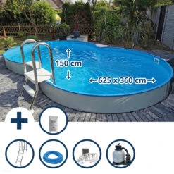 Waterman Stahlwandpool Set (9-teil) Halbhoch Achtform Cannes 625x360x150cm, Stahl 0,8mm Weiß Folie 0,6mm Bl.