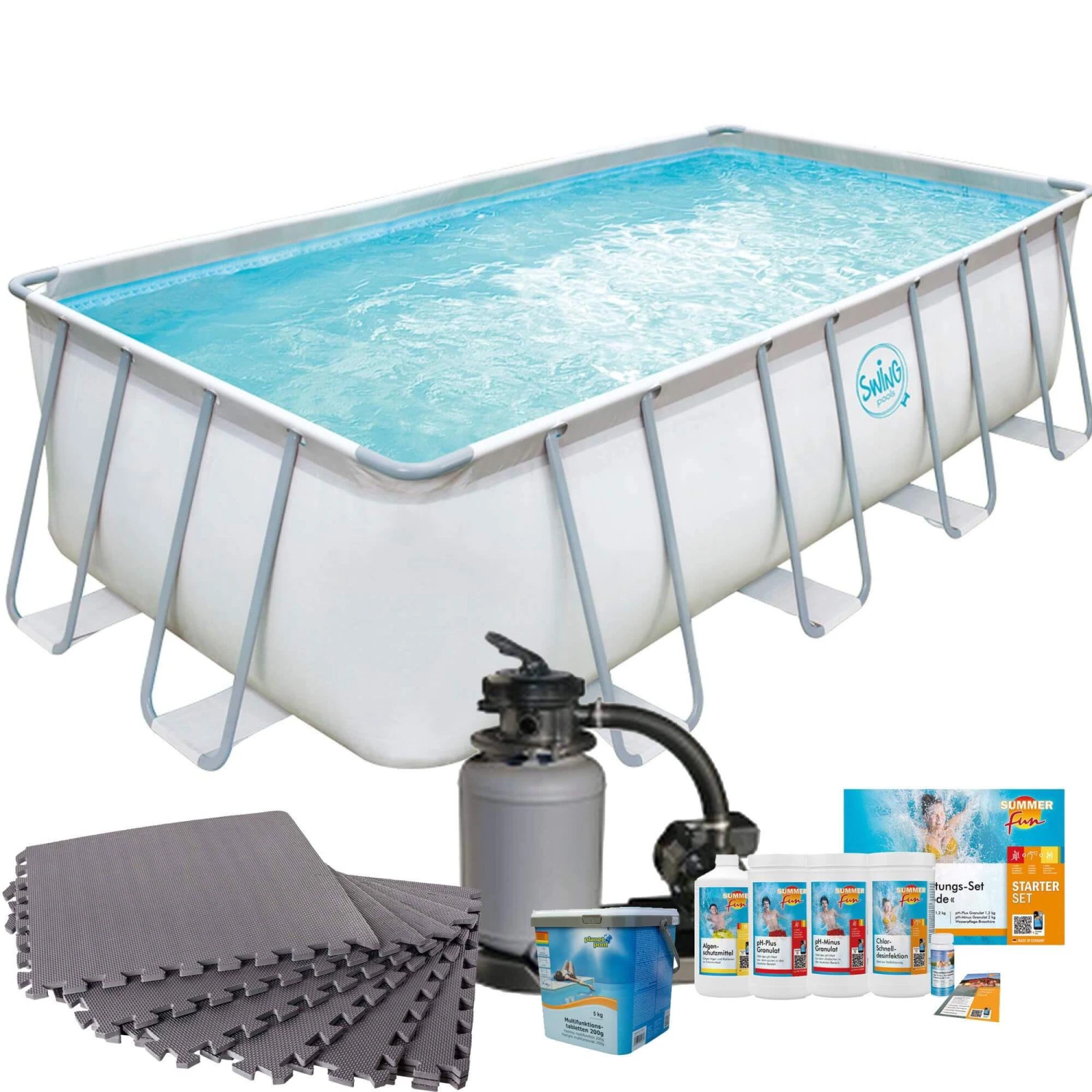 Polygroup Summer Waves Frame Pool Mit Sandfilter, Bodenschutzmatten Grau Und Starter Set Wasserpflege 1 Polygroup Summer Waves Frame Pool Mit Sandfilter, Bodenschutzmatten Grau Und Starter Set Wasserpflege