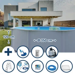 Waterman Stahlwandpool Set (9-teilig) Hoch Rund Eco 350 X 120 Cm, Stahl 0,4 Mm Weiß Folie 0,3 Mm Blau