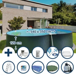 Waterman Stahlwandpool Set (10-teilig) Hoch Achtform 540x350x120 Cm, Stahl 0,4 Mm Anthrazit Folie 0,4 Mm Blau