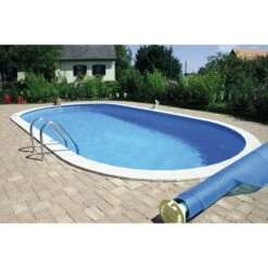 Stahlwandpool Set Oval Flamingo 800x420x150 Cm, Stahl 0,8 Mm Weiß, Folie 0,6 Mm Blau, Einhängebiese -Schwimmbadzubehör Oval Pool mit Beckenrandsteinen 5