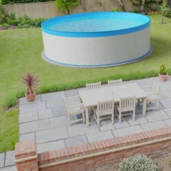 Stahlwandpool Set Rund Arizona 350x90 Cm, Stahl 0,3 Mm Weiß, Folie 0,2 Mm Blau, Overlap -Schwimmbadzubehör Planet Pool Stahlwandpool weiss blau overlap OS 02 4