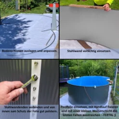 Waterman Stahlwandpool Set (6-teil) Hoch Achtform Montevideo 470x300x120cm, Stahl 0,4mm Weiß Folie 0,4mm Blau -Schwimmbadzubehör PlanetPool Achtformbecken Aufbaubilder 03 12