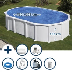 GRE Stahlwandpool Set (7-teilig) Hoch Oval High Line 730x375x132 Cm, Stahl 0,45mm Weiß Folie 0,4mm Blau