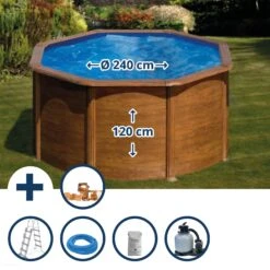 GRE Stahlwandpool Set (5-teilig) Hoch Rund 240 X 120 Cm , Stahl 0,45 Mm Holzoptik Folie 0,3 Mm Blau
