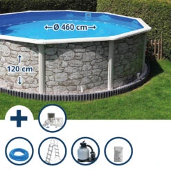 GRE Stahlwandpool Set (6-teilig) Hoch Rund 460 X 120 Cm, Stahl 0,45 Mm Steinoptik Folie 0,3 Mm Blau