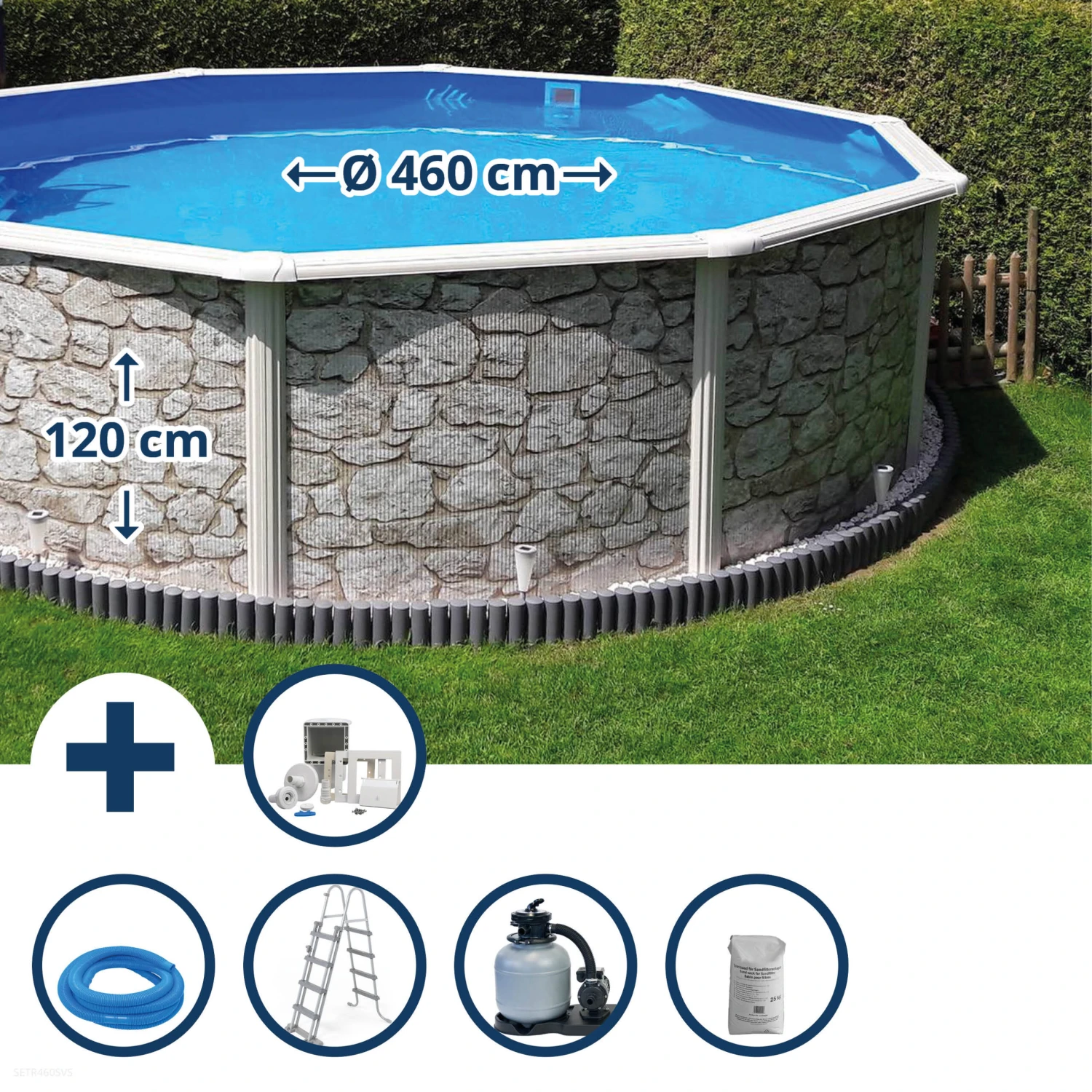 GRE Stahlwandpool Set (6-teilig) Hoch Rund 460 X 120 Cm, Stahl 0,45 Mm Steinoptik Folie 0,3 Mm Blau 1 GRE Stahlwandpool Set (6-teilig) Hoch Rund 460 X 120 Cm, Stahl 0,45 Mm Steinoptik Folie 0,3 Mm Blau