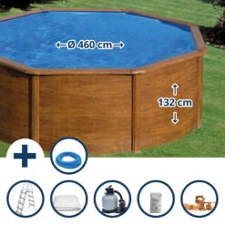 GRE Stahlwandpool Set (6-teilig) Hoch Rund 460 X 132 Cm, Stahl 0,45 Mm Holzoptik Folie 0,4 Mm Blau