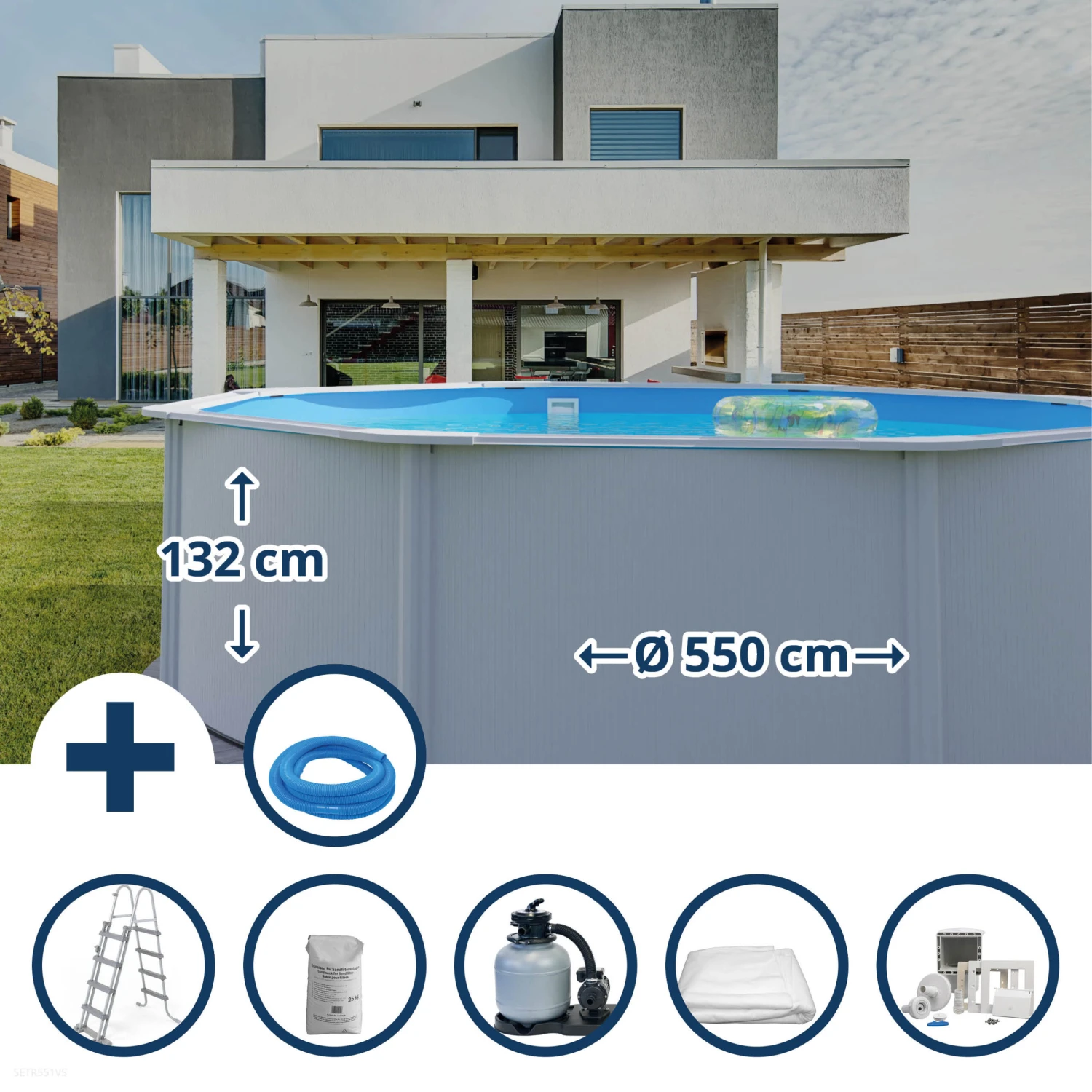 GRE Stahlwandpool Set (6-teilig) Hoch Rund High Line 550 X 132 Cm, Stahl 0,45 Mm Weiß Folie 0,4 Mm Blau 1 GRE Stahlwandpool Set (6-teilig) Hoch Rund High Line 550 X 132 Cm, Stahl 0,45 Mm Weiß Folie 0,4 Mm Blau