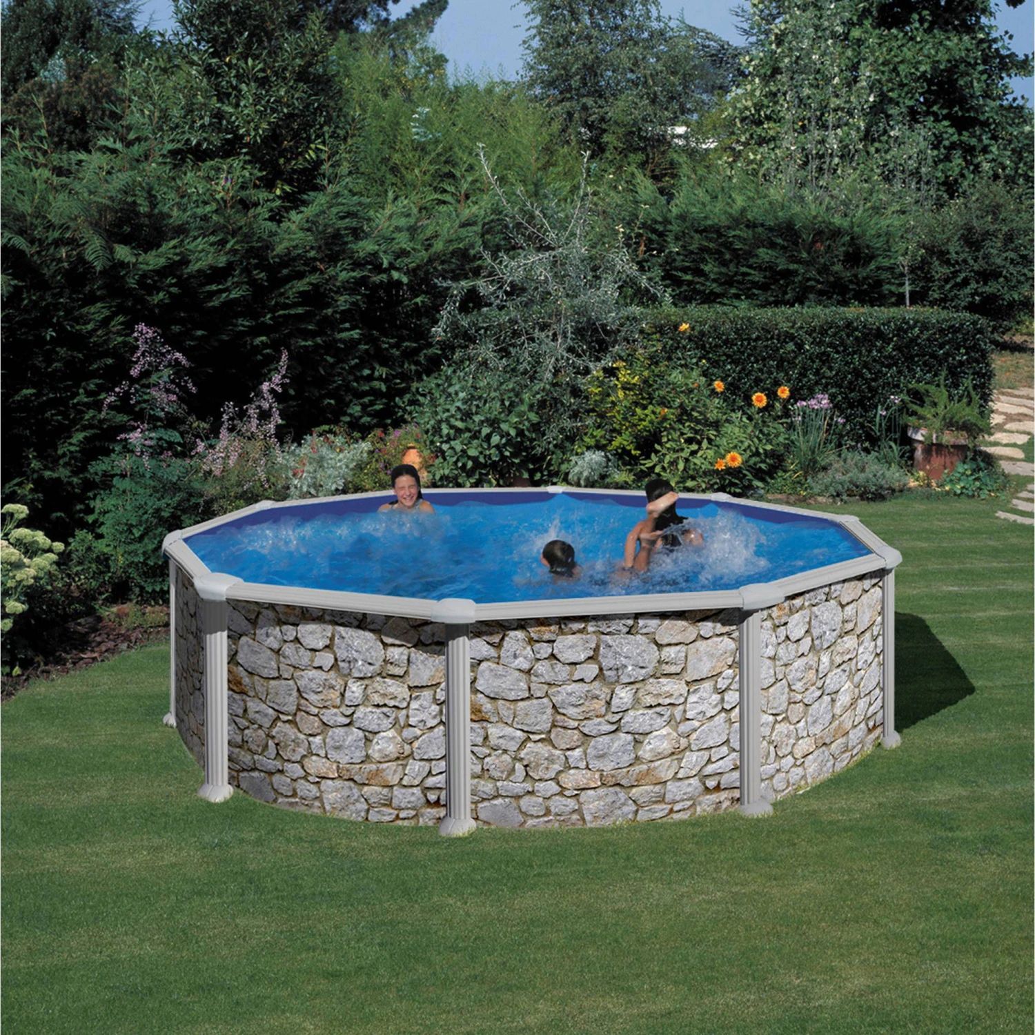 GRE Stahlwandpool Set (6-teilig) Hoch Rund 460 X 120 Cm, Stahl 0,45 Mm Steinoptik Folie 0,3 Mm Blau 2 GRE Stahlwandpool Set (6-teilig) Hoch Rund 460 X 120 Cm, Stahl 0,45 Mm Steinoptik Folie 0,3 Mm Blau – Bild 2